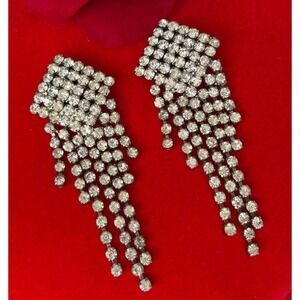 Vintage Clip On Earrings Clear Crystal Chandelier Dangle Silver Tone Bridal 50s